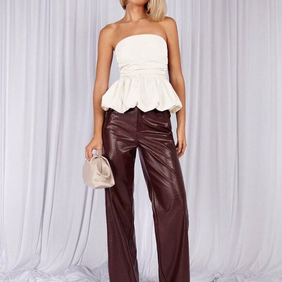 Apricot Casual Women's Elegant Cropped Tube Top With Ruffle Hem - Picture 6 of 7